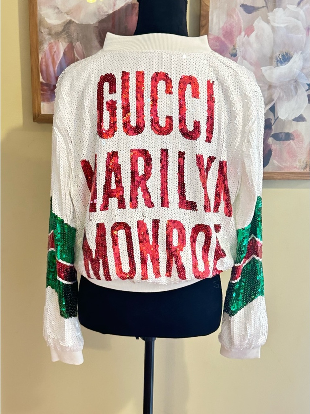 White Sequin Zip-Front Bomber Jacket with Green and Red Accent - Picture 3 of 3